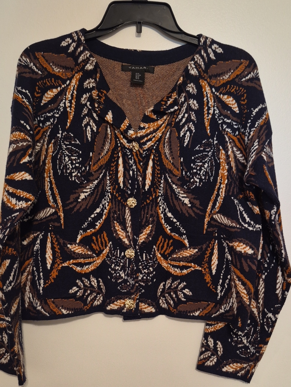 Tahari Womens Navy and Brown Cropped Textured Knit Sweater SZ M